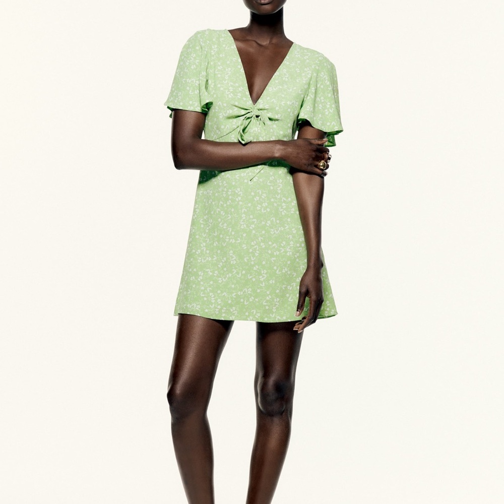 Floral Print Mini Dress Green/White | Zara